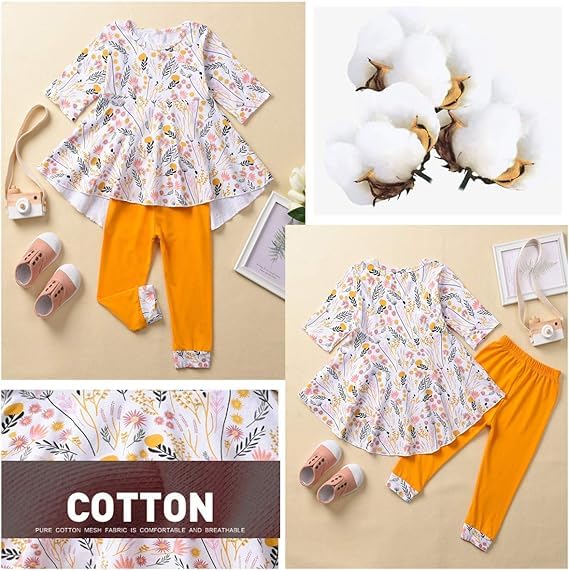 Image of Toddler Baby Girls-Fall-Clothes-Set Little Girls Floral Plaid Highlow Tunic Tops+Leggings Outfits Boutique Clothing