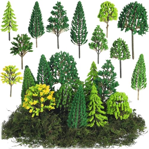 Tigeen 28 Pcs Model Trees Mixed Model with 1.4 Ounce Faux Green Moss Decor Tree Train Scenery...
