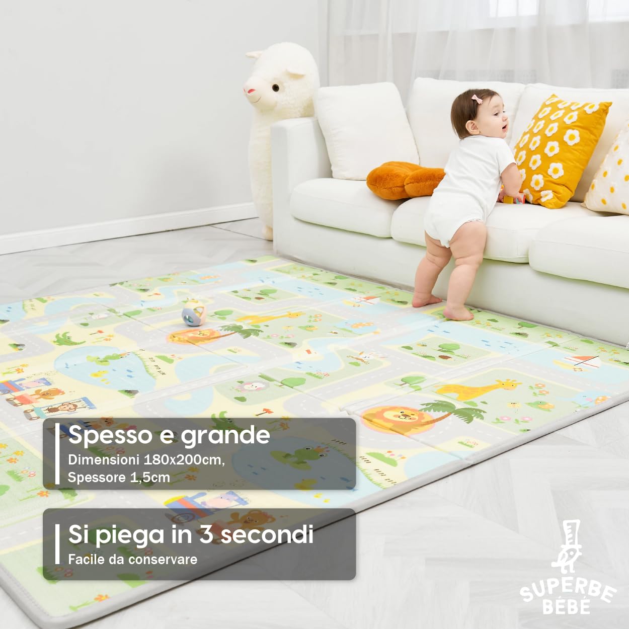 Tappeto Gioco Bambini Pieghevole 180x200x1.5cm Palestrina Neonato Montessori Reversibile Non Tossico E Impermeabile In Schiuma Per Bimbi. Palestra Neonati - Tappeto Tummy Time Neonati - Regalo Bambino