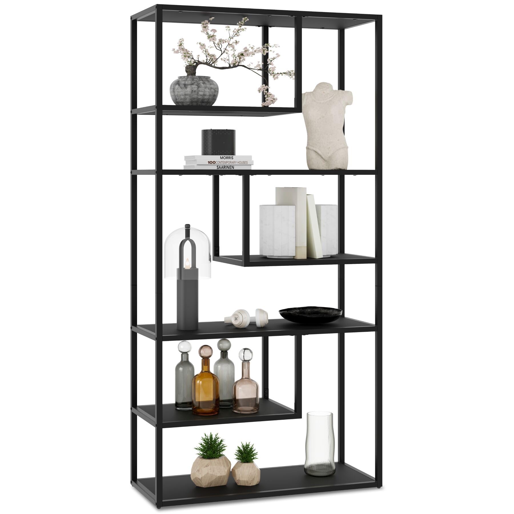 tectake® Scaffale Autoportante con 6 Scomparti, Libreria Scaffale con Ripiani in Metallo e Legno, Libreria Moderna, Libreria Industriale per Casa, Ufficio, Cucina, Garage, 85x35x188 cm - Nero