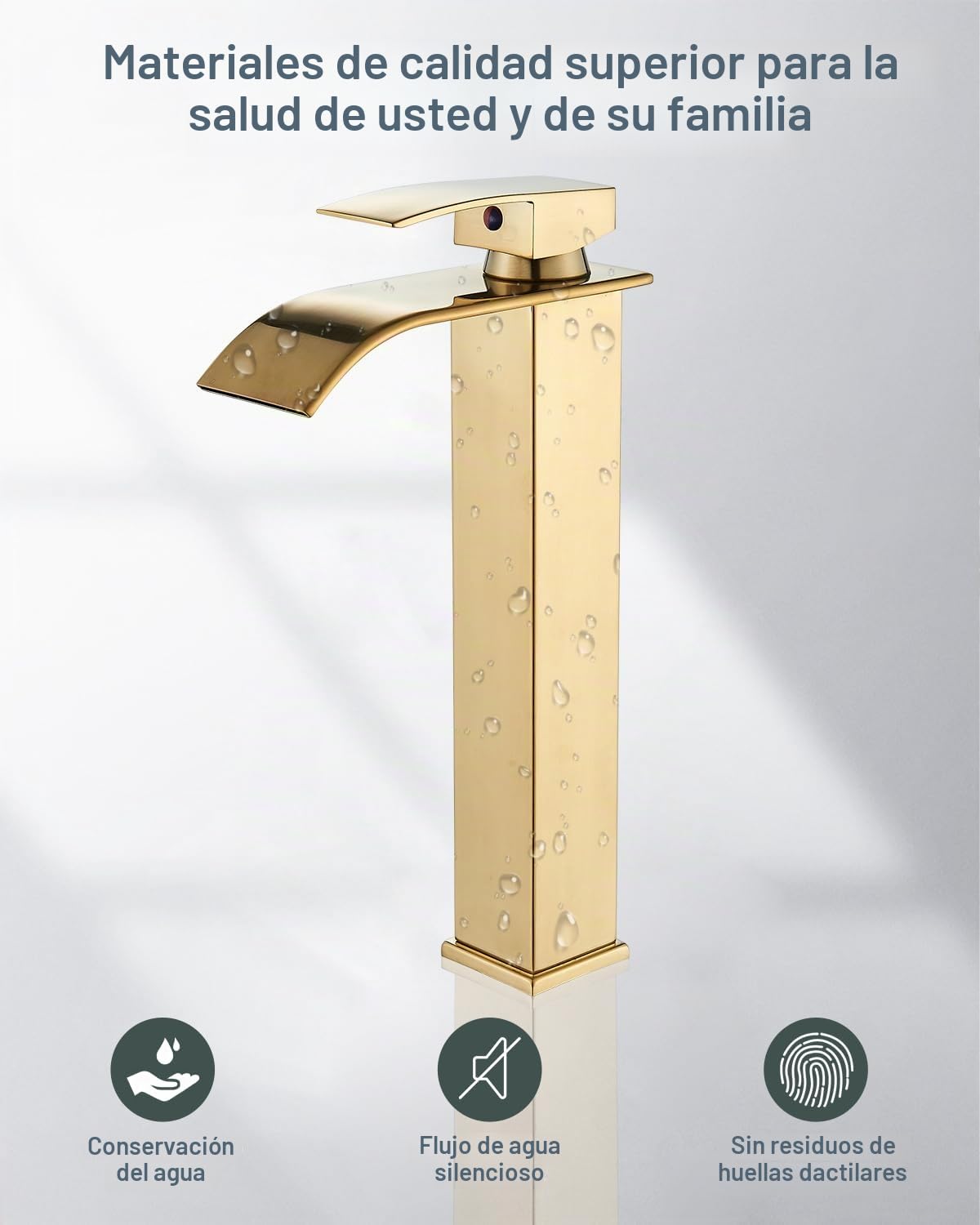JUNSHENG Grifo de baño, grifo del lavabo del baño de una manija, mezclador de agua caliente y fría en cascada, (oro cepillado)