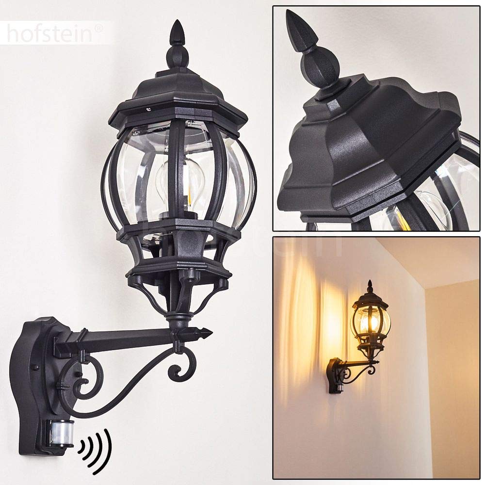 HOFSTEIN Außenwandleuchte Lentua, Außenwandlampe mit Bewegungsmelder aus Metall/Kunststoff in Schwarz/Klar, Wandleuchte Up im Retro/Vintage-Design, E27, IP44, Eingangsbereich, Terrasse, Haustür, Hof