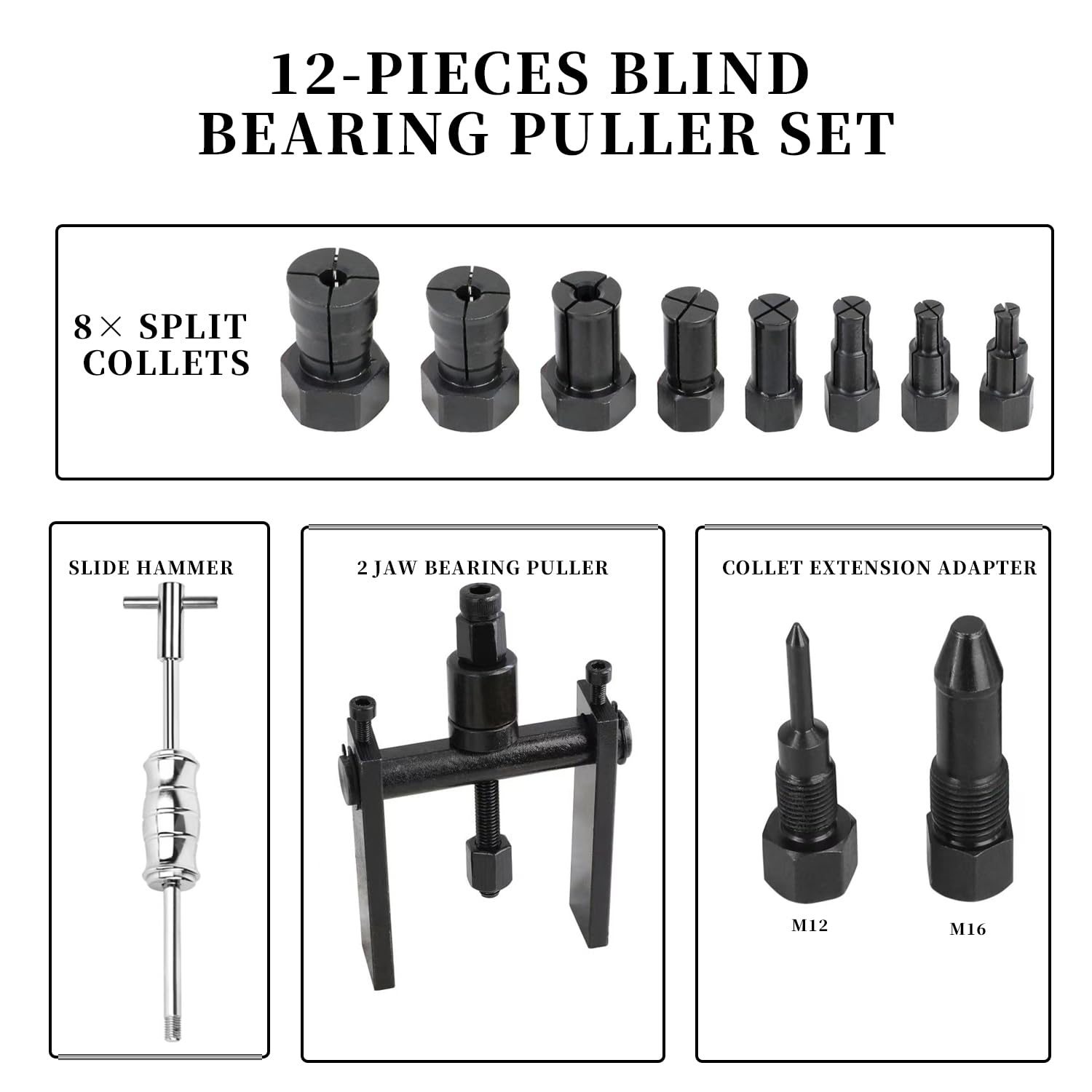 Ensemble d'extracteurs de roulements à trou borgne, 12 pièces, extracteur de roulements internes, outil de démontage de roulements de roue de moto, marteau coulissant, insert pilote, outil d'extract