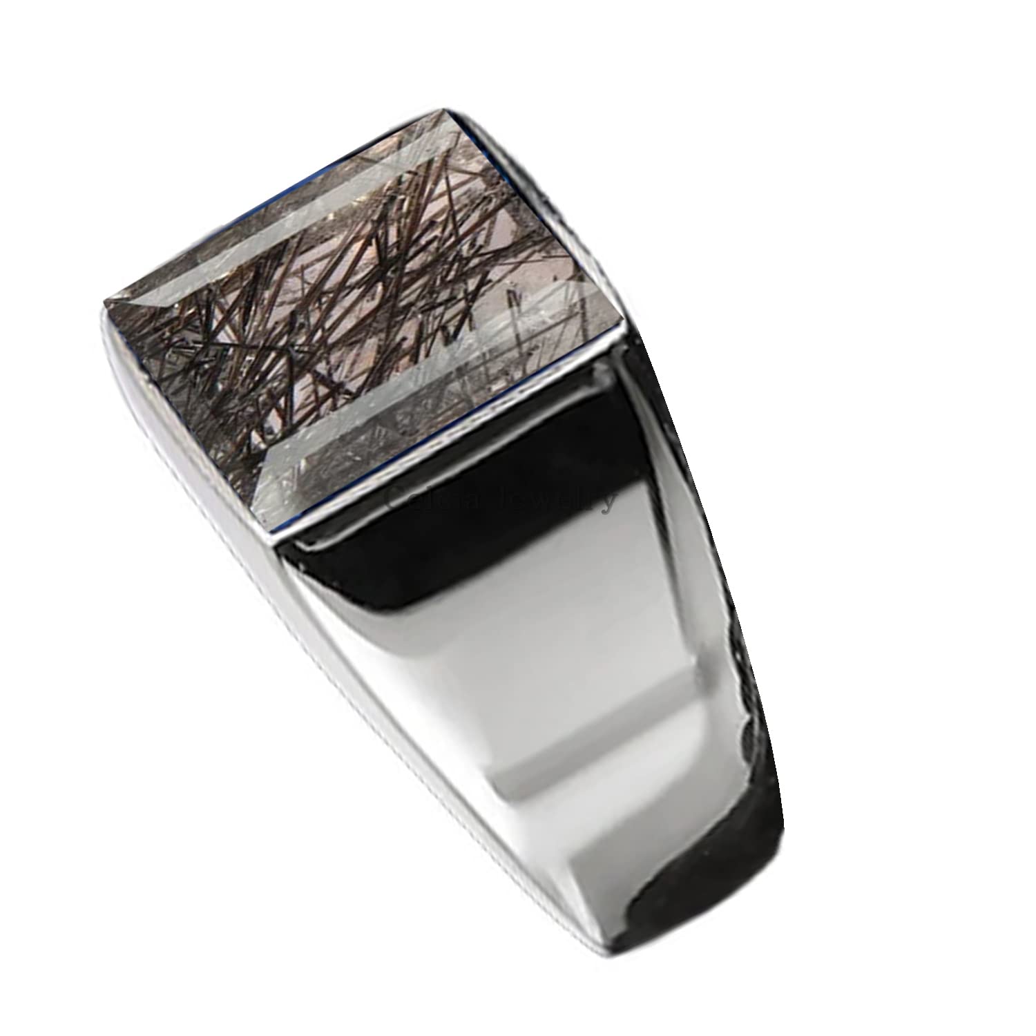 Anello in argento sterling 925 massiccio per uomo, autentico Black Rutilated Quartz 12MM Gemstone Anello con sigillo, Unique Handcrafted Jewelry