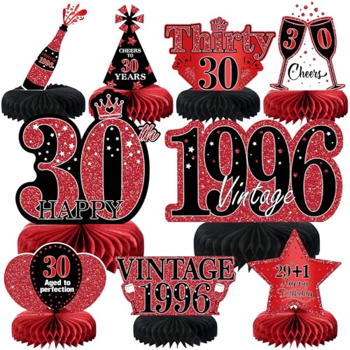 Image of 9Pcs 30th Birthday Decorations Red and Black 30th Birthday Party Decorations for Women,Happy 30 Years Vintage 1996 Aged Honeycomb Centerpieces Table Sign Decor Supplies