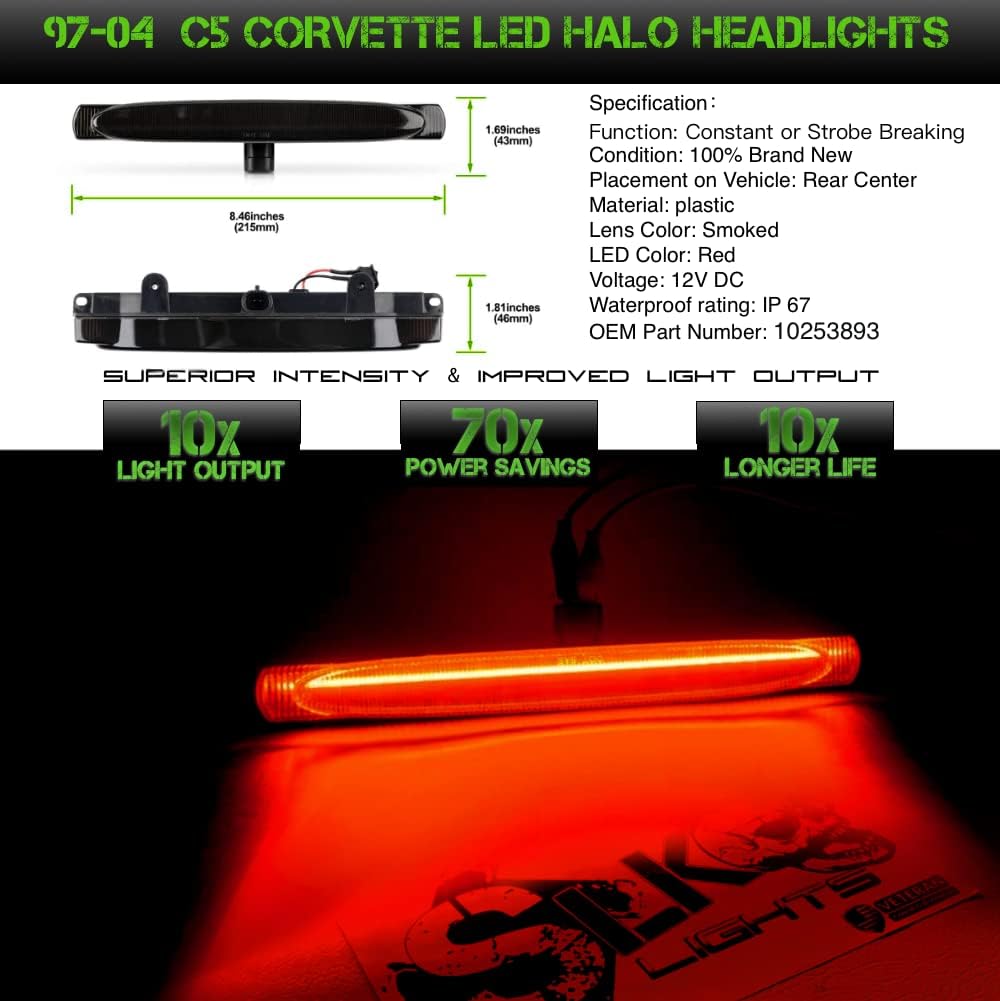 SLK Lights C5 Smoked Laser LED Center Tail Lights 3rd break lamp kit W/Strobe Flashing option compatible with 1997-2004 C5 Corvette OEM#10253893 (Smoked Tinted Lens)