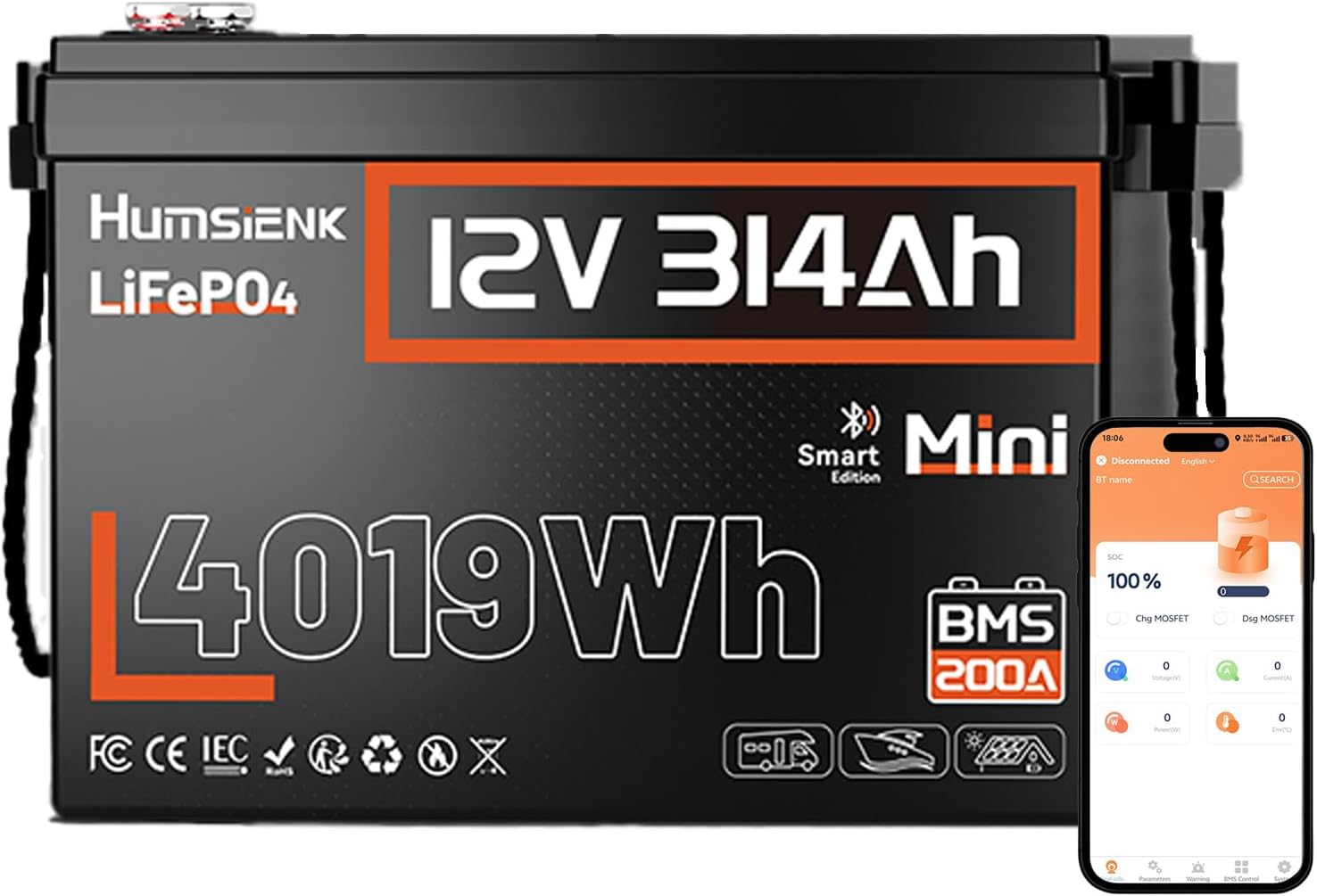 HumsiENK 12V 300Ah (314Ah) LiFePO4 Lithium Battery Mini Size, Bluetooth 200A BMS, 15000+ Deep Cycles, Low-Temp Protection – for RV, Marine, Solar, Off-Grid, Home Backup (Compact & Lightweight)