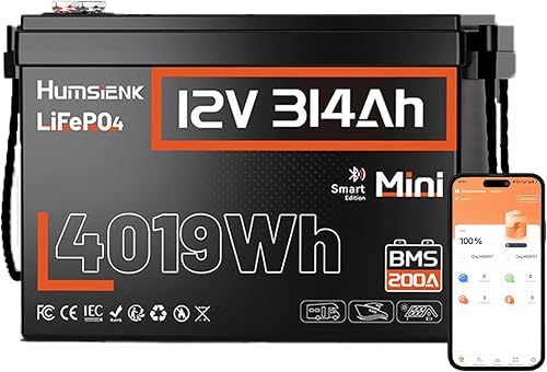 HumsiENK 12V 314Ah LiFePO4 Lithium Battery, 200A Bluetooth BMS, 15000+ Cycles & Low-Temp Protection for RV, Marine and Off-Grid Solar