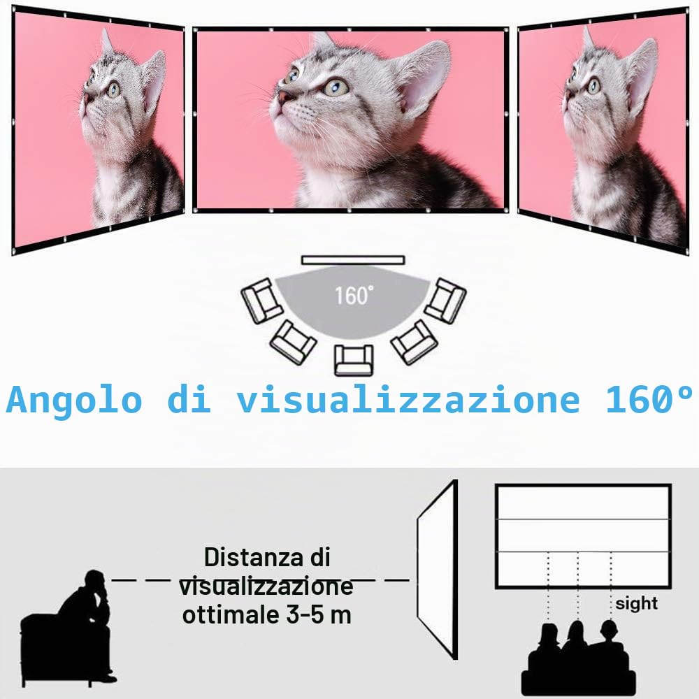Schermo per proiettore, schermo da 150 pollici per interni ed esterni, 4K HD 16: 9, design per film notturni in cortile (facile da pulire, 1.1 gain, angolo di visione 160°)
