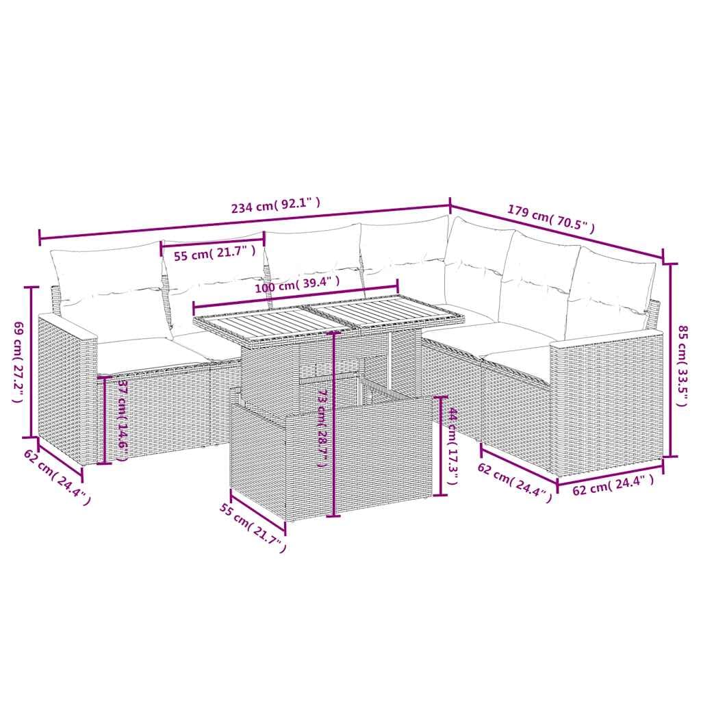 Juego de sofás de jardín de ratán sintético de 7 piezas, conjunto modular con mesa de altura ajustable, sofá esquinero y sillón, incluye cojines para jardín y terraza, color negro