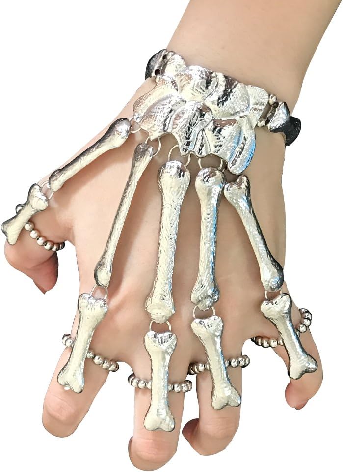 FEFE Skull Fingers Metal Skeleton Slave Bracelet Ring Gothic Halloween