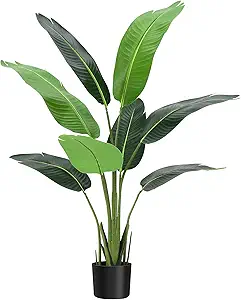 Bird of Paradise Artificial Plant,4FT Faux Tropical Palm Potted Tree Fake Artificial Bird of Paradise Plant for Indoor House Home Office Housewarming