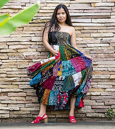 Patchwork Skirt * Long Maxi Boho Hippie * Smocked Ruched Waist * Flared Rayon4