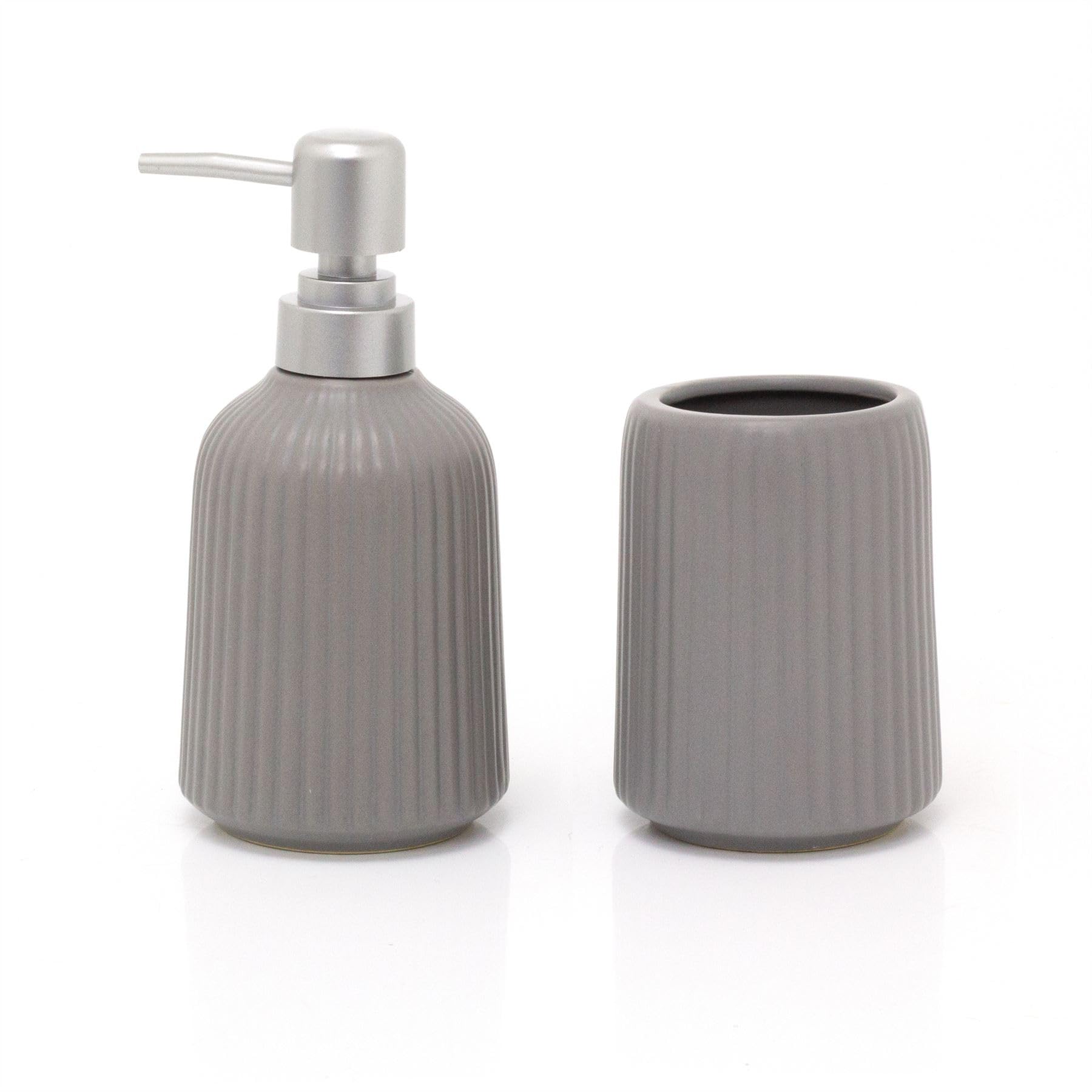 Carousel Home Grey Ceramic Tumbler & Soap Dispenser | Contemporary Ceramic Bathroom Set | 2 Piece Bathroom Organiser With Toothbrush Holder Lotion Soap Dispenser