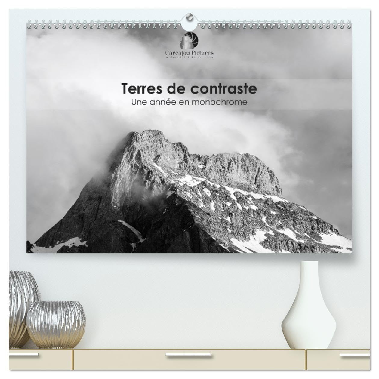 Calendrier de bureau 2026 Terres de contraste cadeau artistique paysage noir et blanc