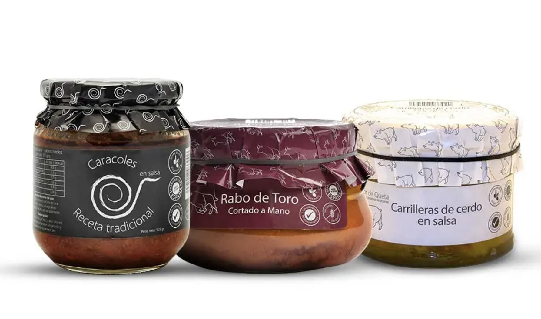 Pack de Conservas Gourmet Artesanas: 1 Rabo de Toro 640g, 1 Carrilleras al Vino Blanco 440g y 1 Caracoles en Salsa 550g – Recetas Familiares Ideal para Regalo – Hecho en España con Sabor Tradicional
