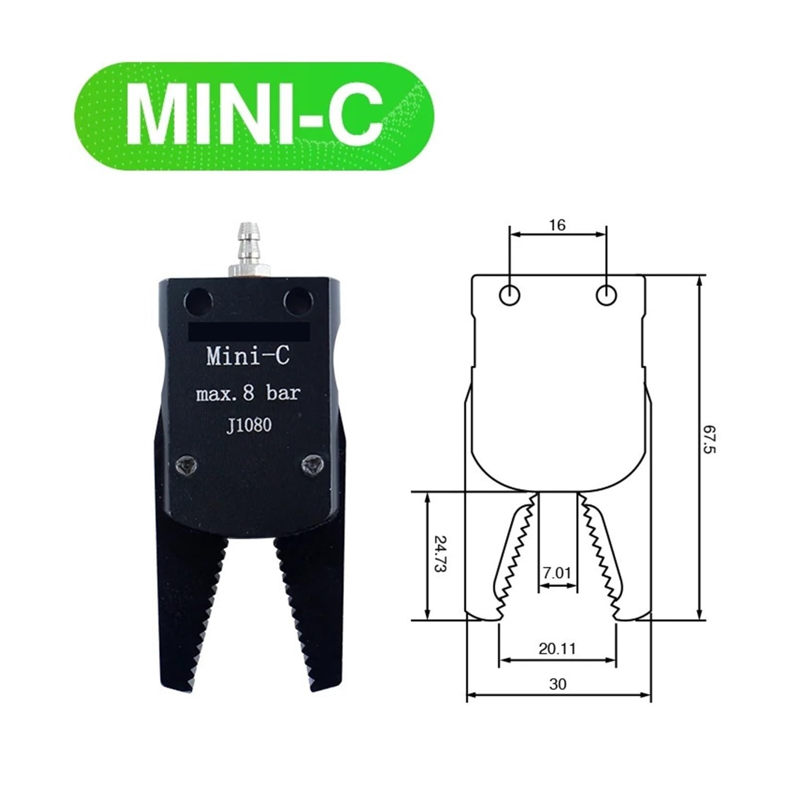 Mini-Luftgreifer, Pneumatischer Greifer for Industrieroboter J1080 J1060 mit Wasserauslauf-Clip(C,Without Silicone pad)