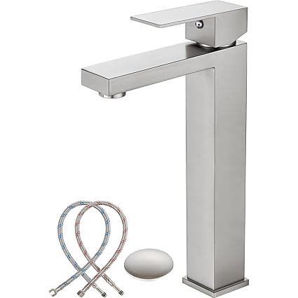 Brushed Nickel Vessel Sink Faucet Bathroom Tall Faucet Single Handle SUS304 Stainless Steel One Hole Basin Mixer Tap Modern Vanity Faucet with Pop Up Drain Deck Mount