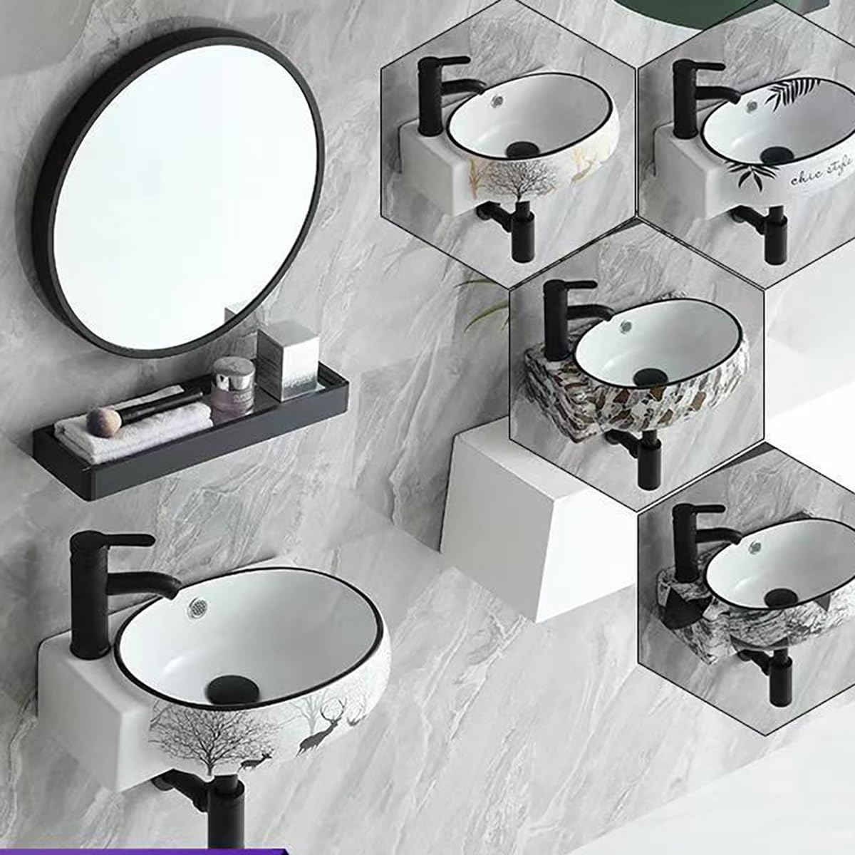 42 Cm Badezimmer-Eckwaschbecken,Eckspüle Bad Waschtisch,Wandmontiertes Schiffswaschbecken,Kleines Waschbecken Gäste Wc,Waschbecken Schmal,Aufsatzwaschbecken Oval,Handwaschbecken(Black Deer (L))