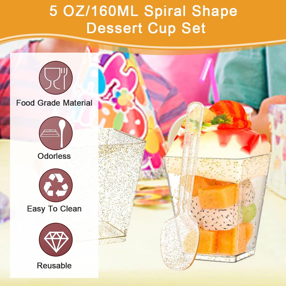50 Tasses à Dessert 160ml Octogonales + Cuillères - Plastique Transparent Réutilisable