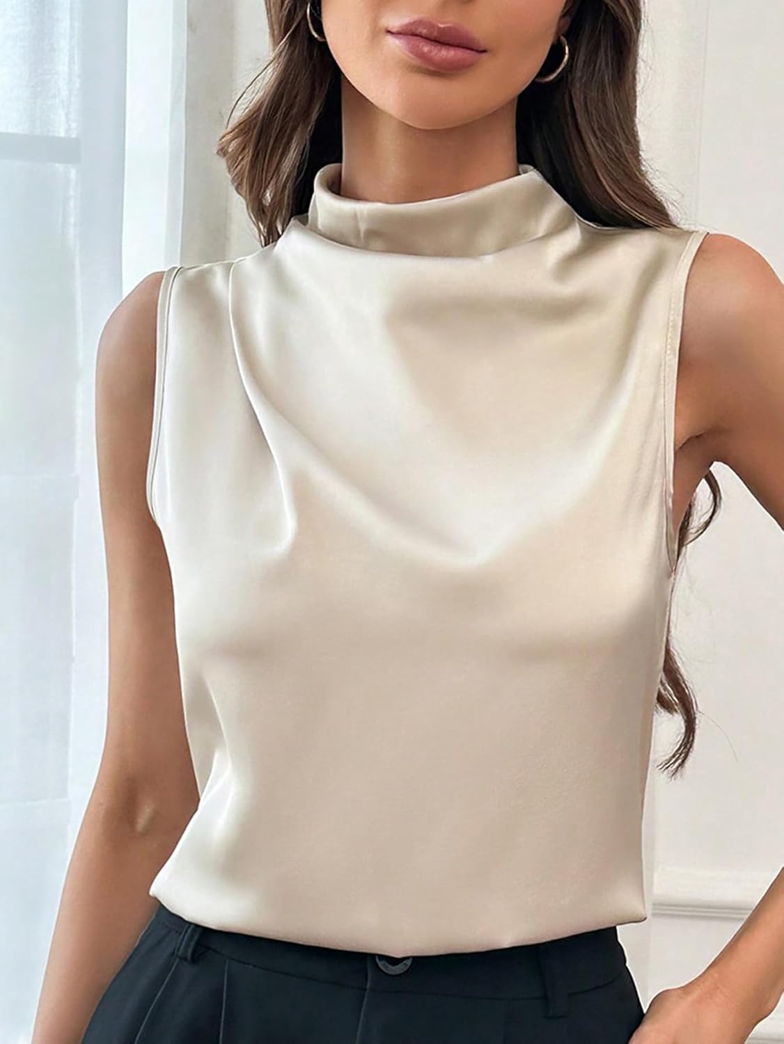 SweatyRocks Women's Mock Neck Satin Tank Tops Business Casual Work Sleeveless Blouses - Image 5