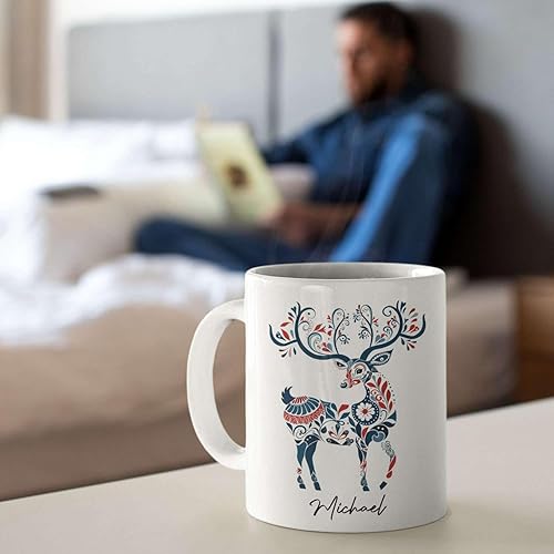Miniatura 4 de Taza de café escandinava vintage, arte floral nórdico con ciervos, taza de café personalizada con nombre para amantes del arte popular, regalo para