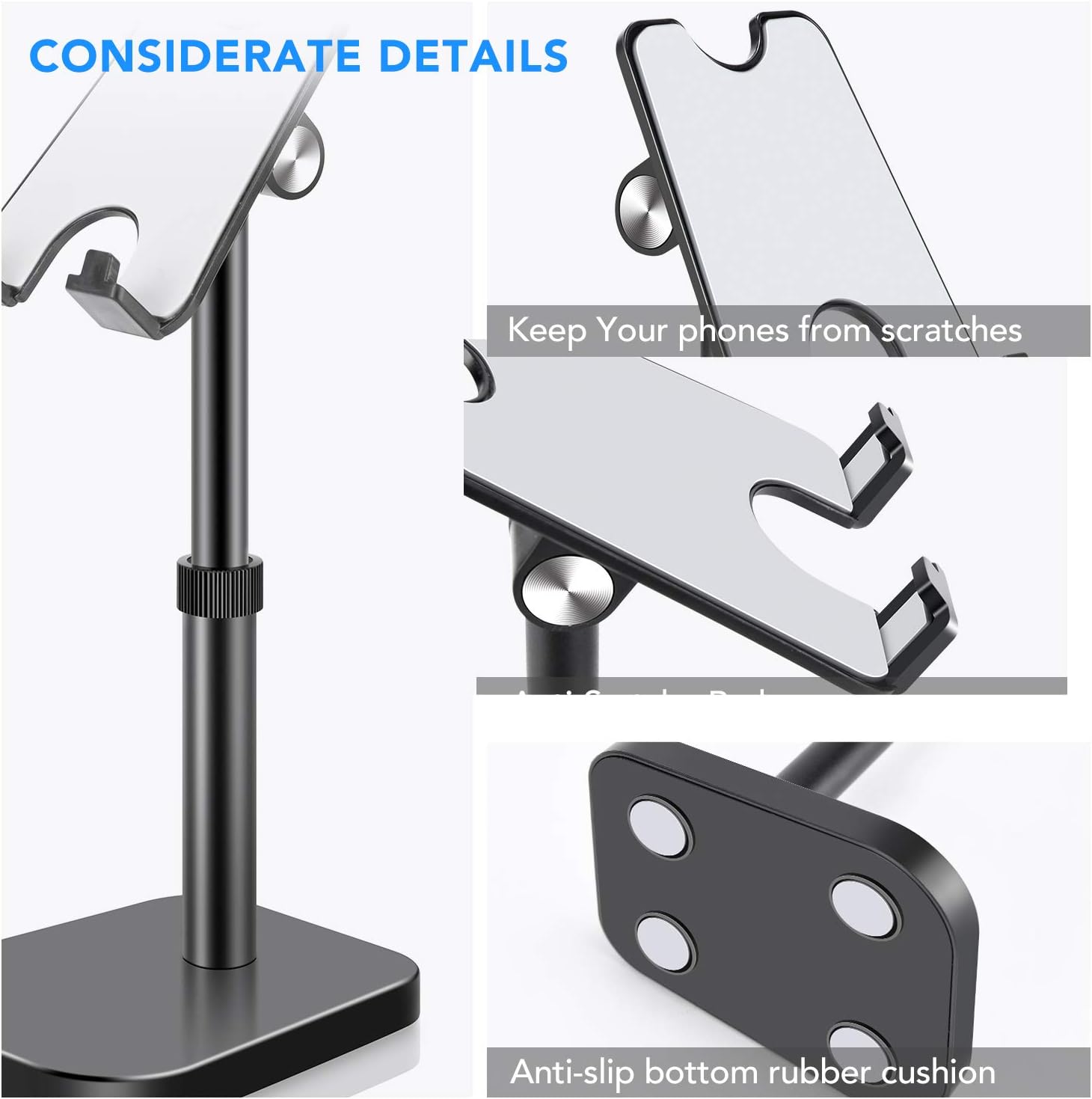 Cell Phone Stand, Phone Stand for Desk, Angle Height Adjustable Cell Phone Holder Stand for Desk Compatible with All Mobile Phones, iPad, Tablet (Black)