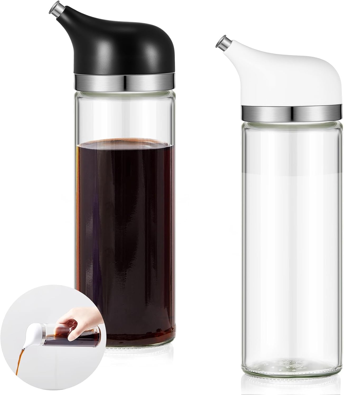 2 Pcs Soy Sauce Dispenser 8 oz, Glass Non Drip White and Black