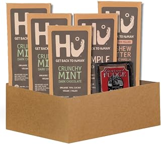 3x Hu Choc Crunchy Mint, 1x Simple Bar and 1x Orng Van Cshw Bttr 2.1 OZ each Bundle with Chocolate Fudge Candy –Organic Dark Chocolate Bars Plus Fudge – Gift Set (6 Items)