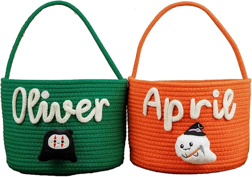 Personalized Halloween Basket for Kids Custom Trick or Treat Bag with Name, Handmade Candy Tote, Embroidered Pumpkin or Ghost Bucket Ideal Halloween Gift or Costume Accessory