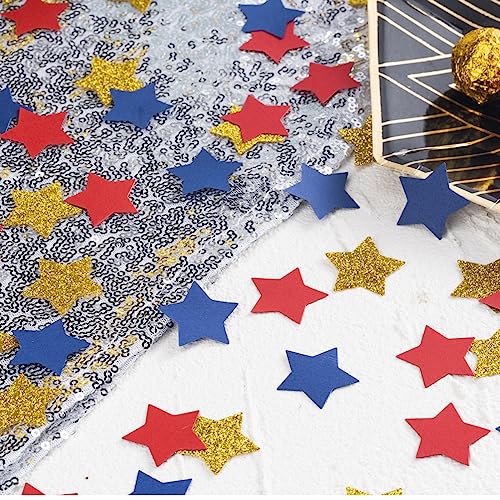 Image of MOWO Gold Blue and Red Star Confetti Table Decoration, 1.2'', 200pc | 4th July Graduation Retirement Theme Party, birthday, wedding
