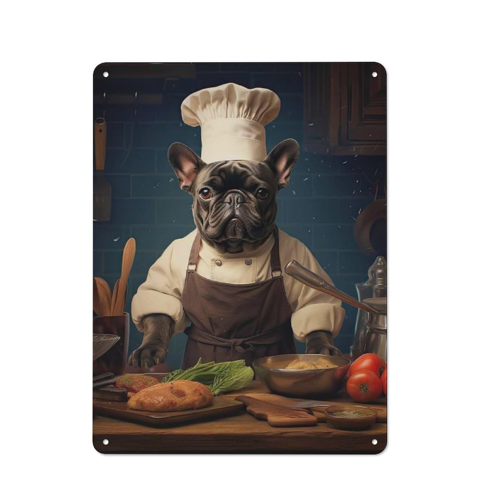 Junmoney Style-9 Vintage French Bulldog Chef Bistro Metal Sign 40X30cm, Bistro Wall Plaque For Takeaway, Bar, Kitchen Or Counter Area