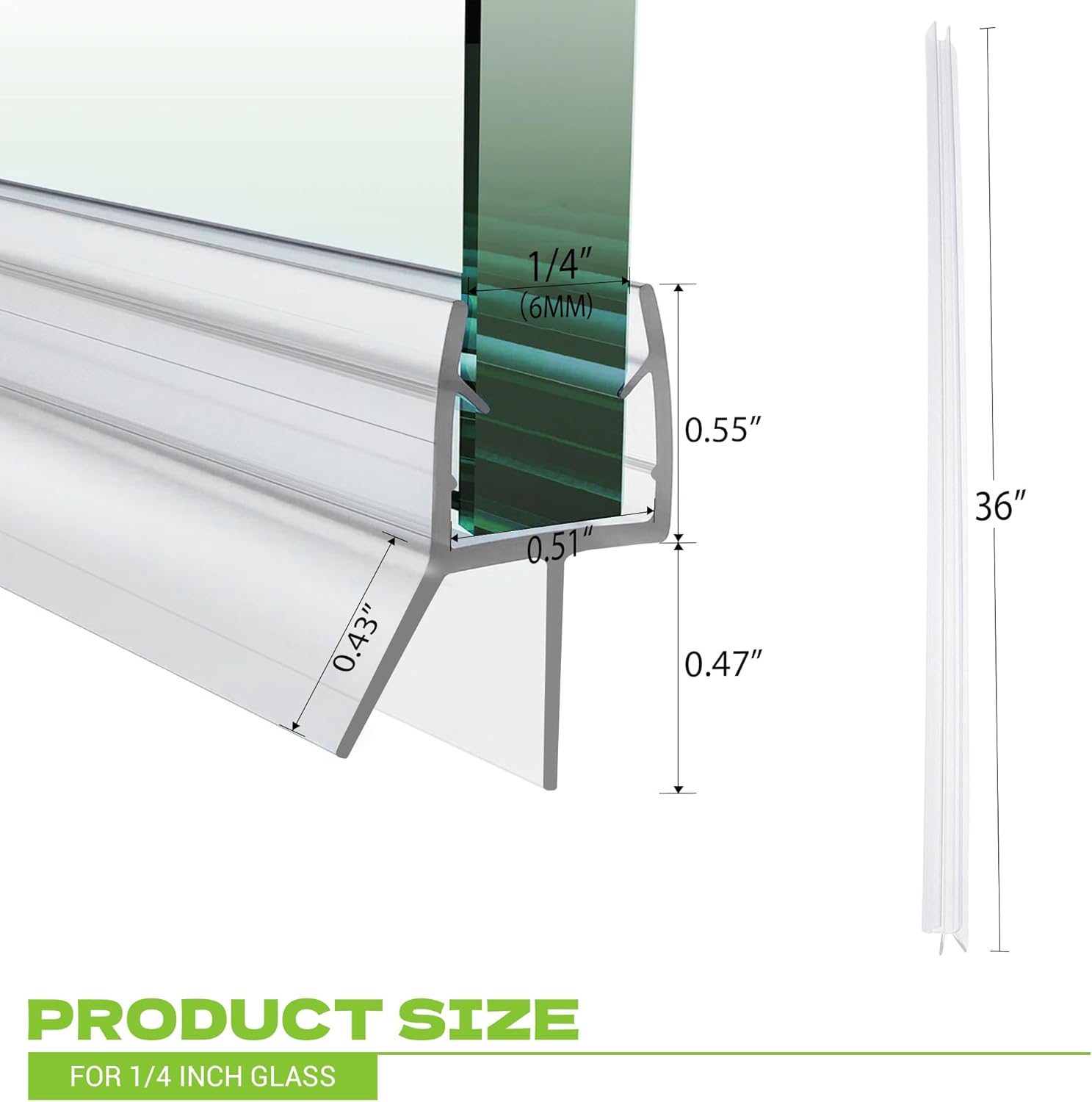 shower door bottom seal, 2-pack pvc strips with sweep 36" long, for 1/4"(6mm) thick framless glass door, to stop water leakage