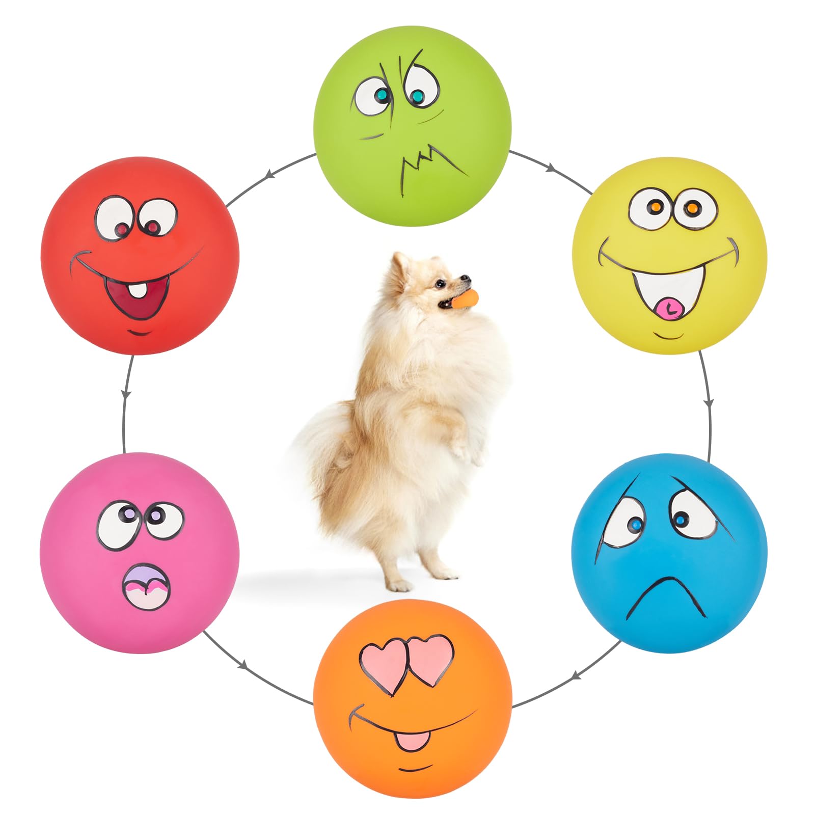 gulucute Dog Squeaky Toys Latex Squeaky Balls for Small Puppy Chewing Rubber Soft Fun Emoji Dog Balls for Corgi Pet Dogs (6 PCS)