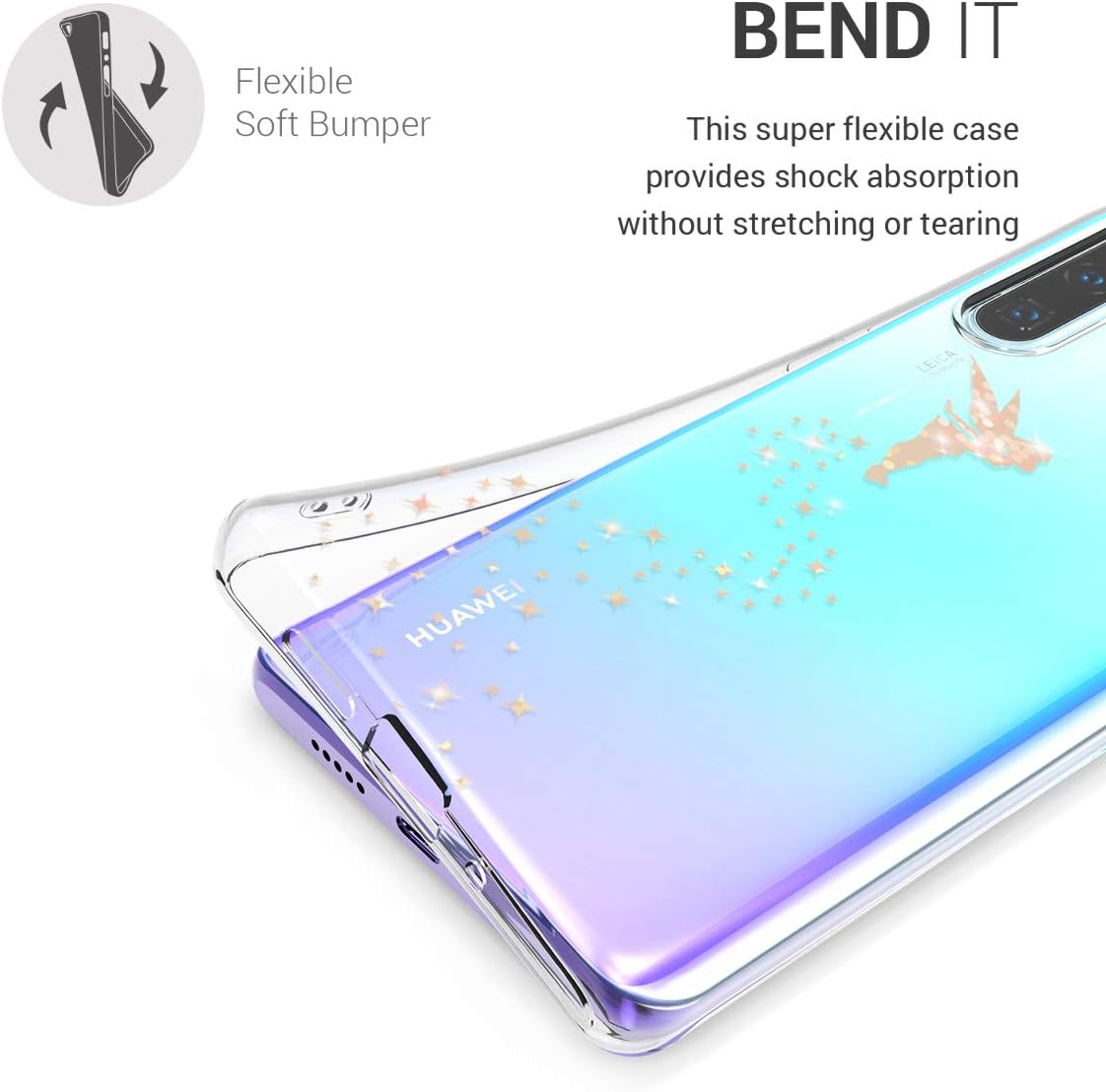 kwmobile TPU Case Compatible with Huawei P30 Pro - Case TPU Phone Cover - Glittery Fairy Rose Gold/Transparent