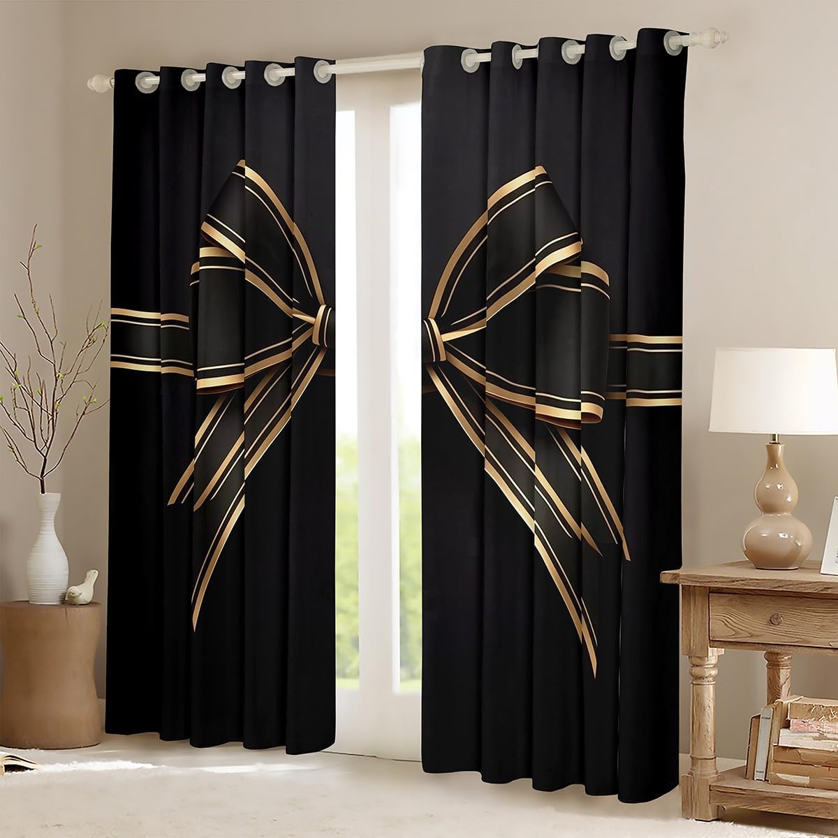 Feelyou Girls Aesthetic Bowknot Window Curtains for Bedroom Living Room,Black Bow Knot Curtains,Girls Room Decor,Cute Bowknot Window Drapes,Coquette Bow Blackout Curtains, 42W X 90L,2 Panels image 2
