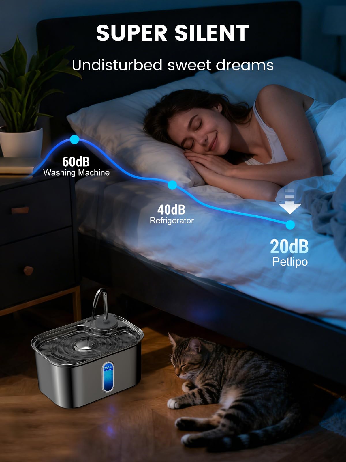 Fuente de agua para gatos de acero inoxidable para gatos de interior, 2.5 L, 2,409.7 g por SUS304 sin BPA, eficaz filtro de 6 capas fuente de agua para gatos para beber 20 dB Fuente de agua de metal