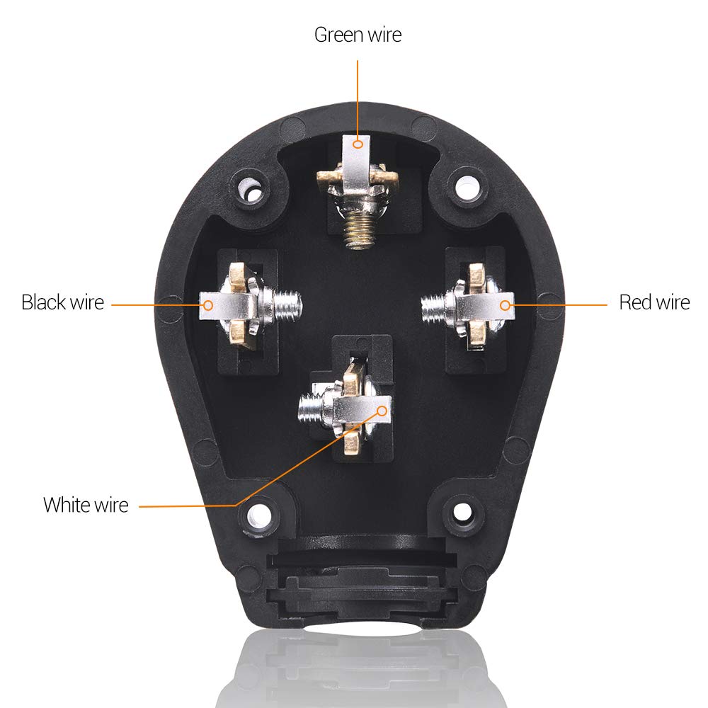 Internal wiring diagram of Nema 14-50P plug showing connections for green, black, red, and white wires