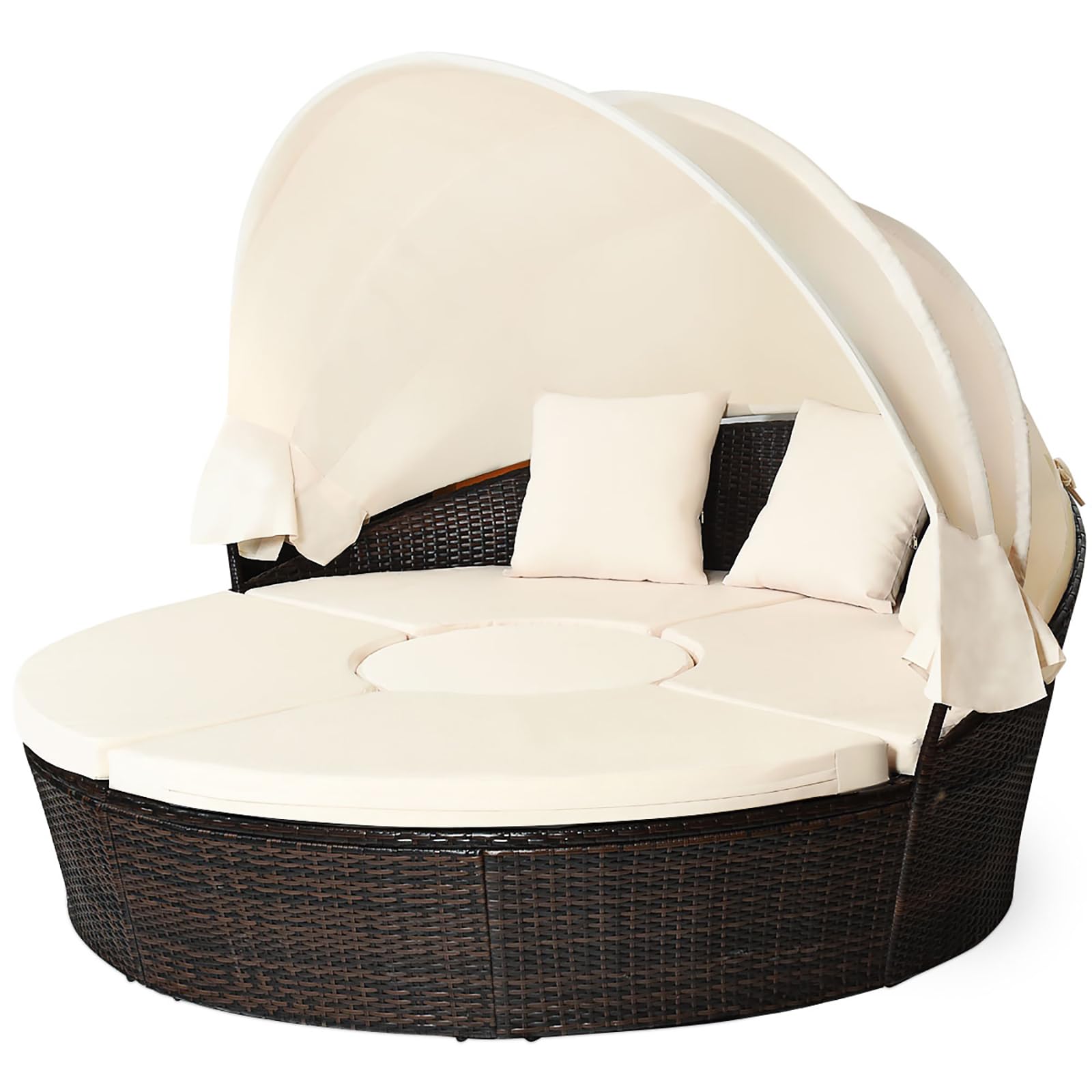 LIFEZEAL Rattan Sonneninsel mit Sonnendach, Gartenliege Sonnenliege mit Kissen, 5-teiliges Lounge Set mit faltbarem Regencover, Gartenlounge Terrassenmöbel bis zu 360 kg (Beige, 192 x 192 x 146 cm)