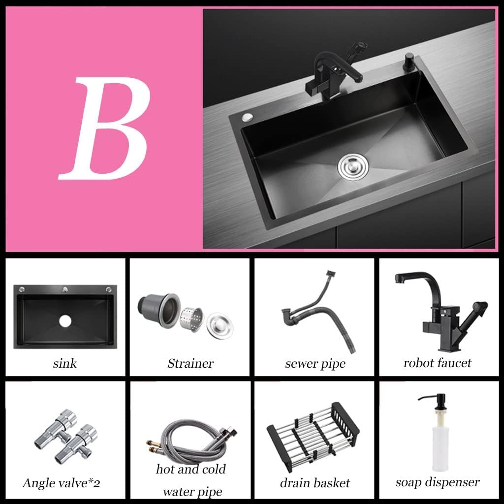Stainless Steel Sink Double Kitchen Sink Large Single Sink For Household Use Vegetable Sink Wear-resistant Sink (Color : Black(B), Style : 72 * 40 * 20cm)