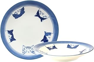 Mino ware Japanese Ceramics Round Plate Five Cat Faces White & Blue made in Japan (Japan Import) GBS203 (2pcs of Large)