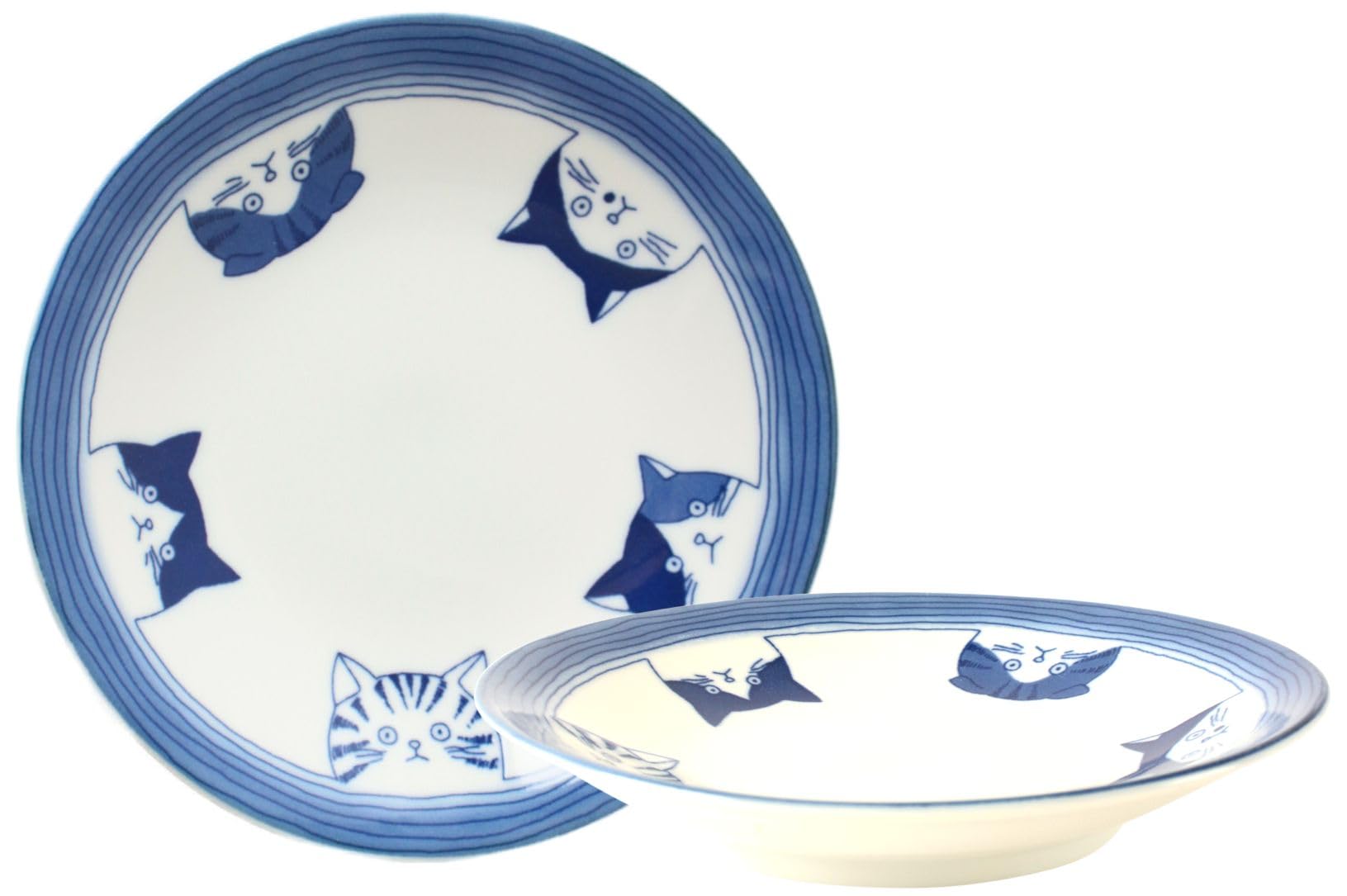 Amazon | 美濃焼 5.0寸平皿 Five Cat Faces 猫顔 青 （直径約16cm）丸