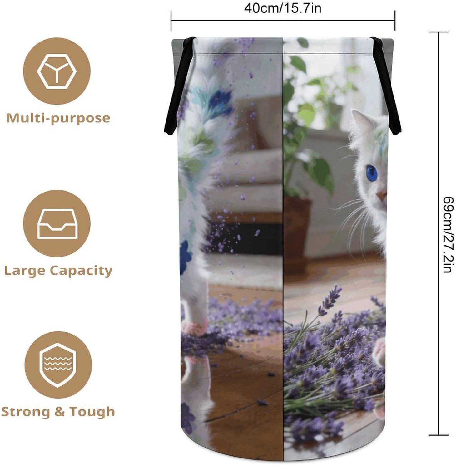 Flower Cat Laundry Hamper 86L Waterproof Collapsible Clothes Basket with Double Handles Freestanding Foldable Laundry Basket Large Clothes Hamper for Bathroom