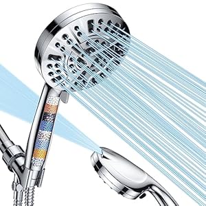 High Pressure Shower Head with Handheld, 10-mode Filtered Detachable 5″ Large Showerhead with Hard Water Filter for Bathroom, Anti-clog Shower heads with SS Hose, SO-24, Chrome