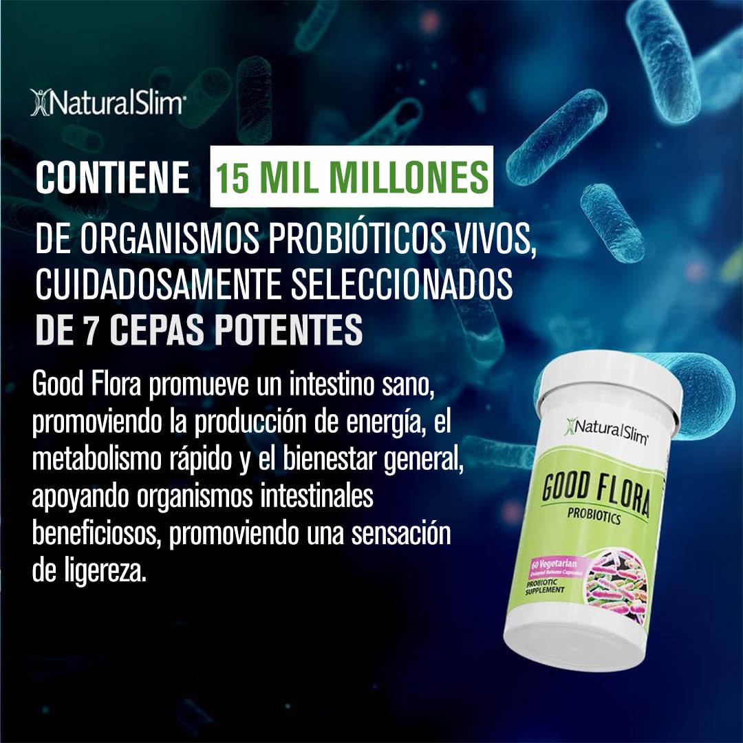 NaturalSlim Good Flora Probióticos intestinales y Enzimas Digestivas, Suplemento Natural para una Flora Intestinal Equilibrada, Digestión y Bienestar General, 7 tipos de probióticos, 60 Cápsulas