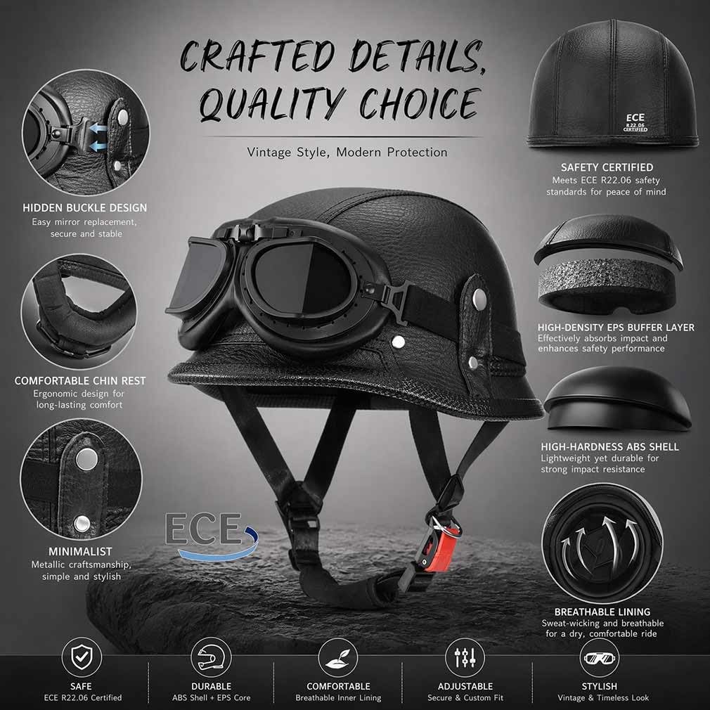 Deutscher Retro Halbschalenhelm Halbhelm,ECE 22.06geprüft,Leichte ABS-Schale in PU-Lederoptik mit Fahrerbrille und Gesichtsmaske,Unisex für Stadt Pendler und Cruiser,M-2XL(57-64cm)