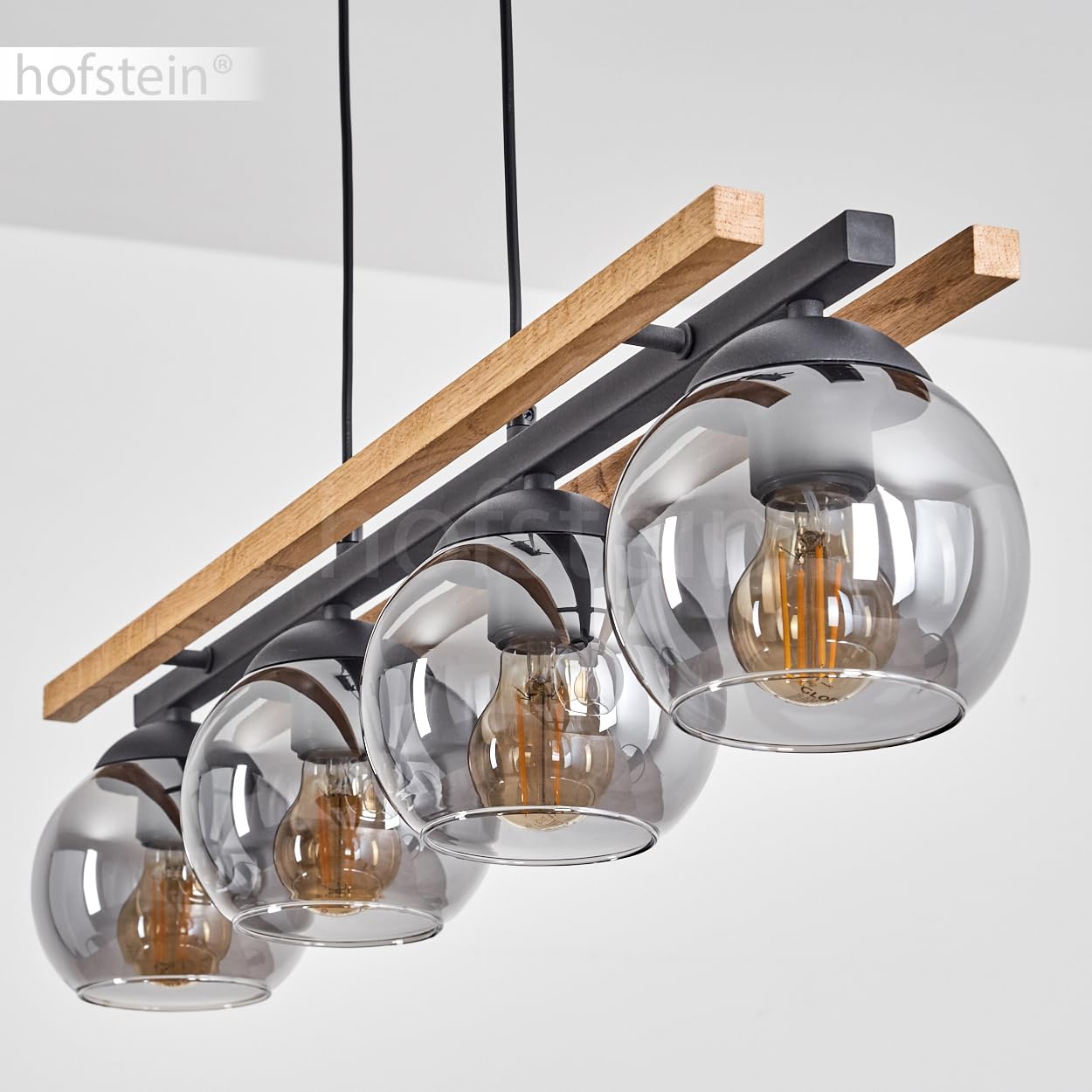 Pendelleuchte Podre, Hängelampe aus Metall/Holz/Glas in Schwarz/Natur/Rauchfarben, Hängeleuchte im Retro/Vintage-Design m. Glasschirmen (Ø 15cm), 4-flammig, Höhe max. 120cm, 4x E27, ohne Leuchtmittel