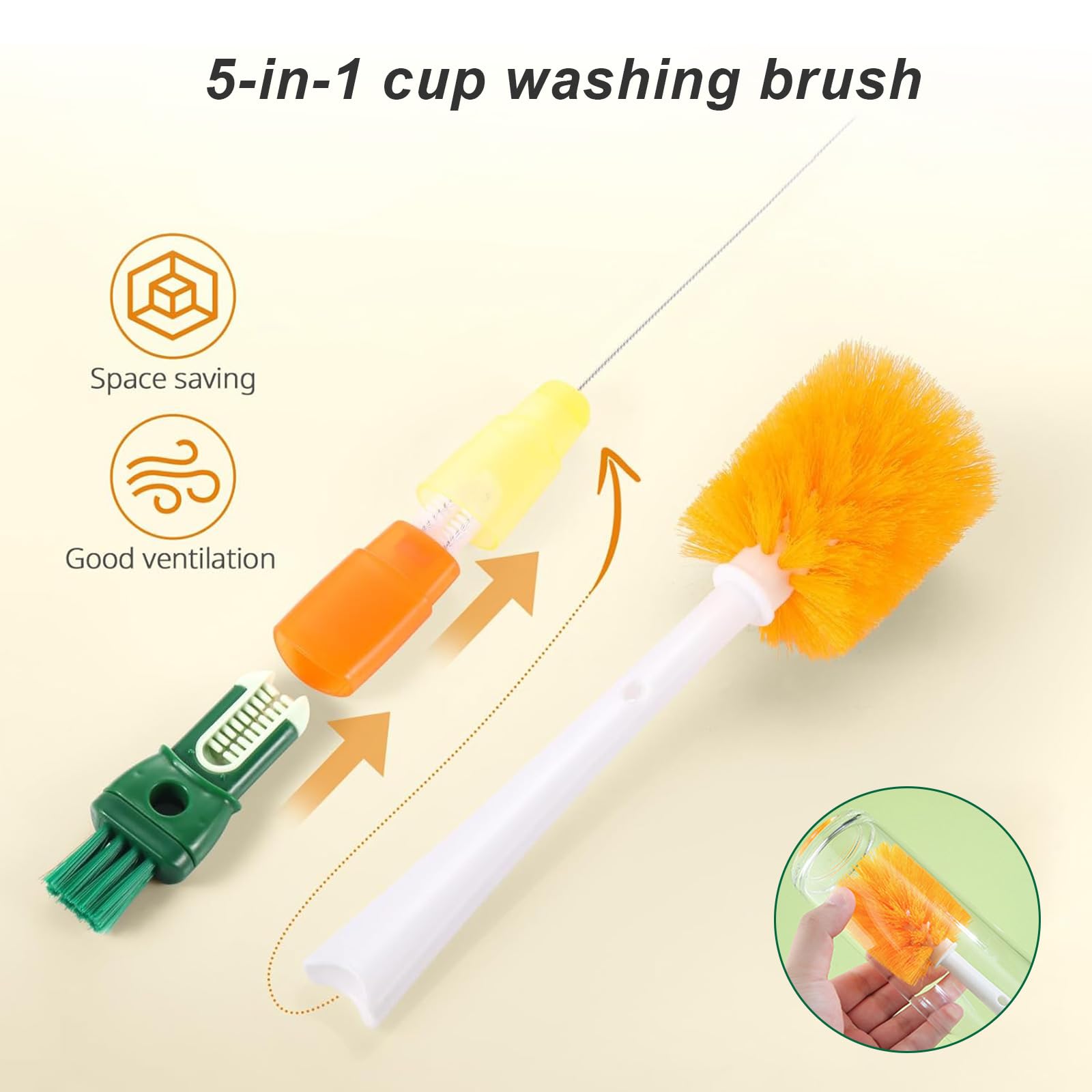 Pulisci Borraccia, 5-in-1 Scovolino Biberon, Pulisci Bottiglie Staccabile, Manico Lungo, con Fori per Appendere, per Biberon, Bicchieri D'acqua e Bottiglie per Bevande