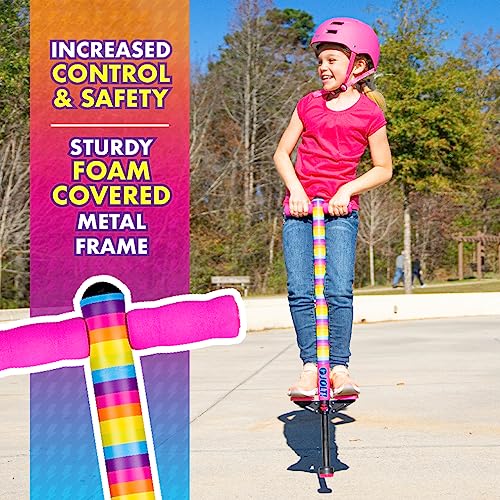 Image of Flybar Jolt Pogo Stick for Kids, Perfect for Beginners w / Foam-Covered Metal Frame, Handles & Padding, Non-Slip Foot Pads, Wide Tip, Outdoor Active Play Toy for Boys & Girls, Ages 6+, Rainbow