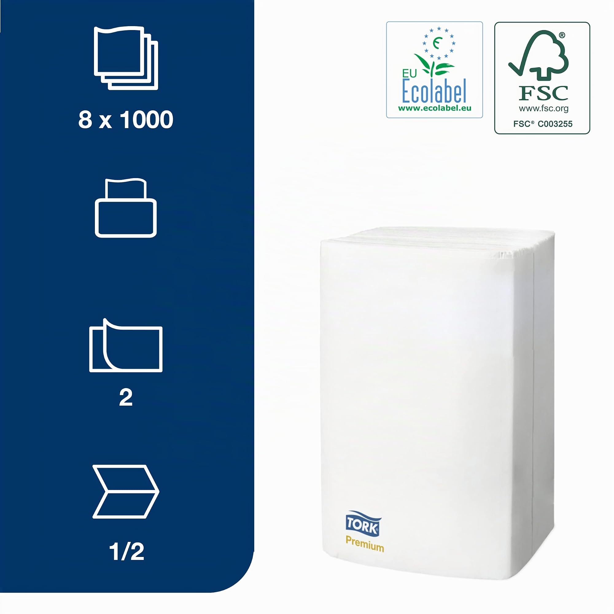 Tork Xpressnap Servilleta suave Blanca para Dispensador N4, Plegado 1/2, 2 capas, 21 cm × 17 cm, 8 × 1000 servicios, 15850 | Premium, 3 capas, Blanco, Extrasuave, Blanco